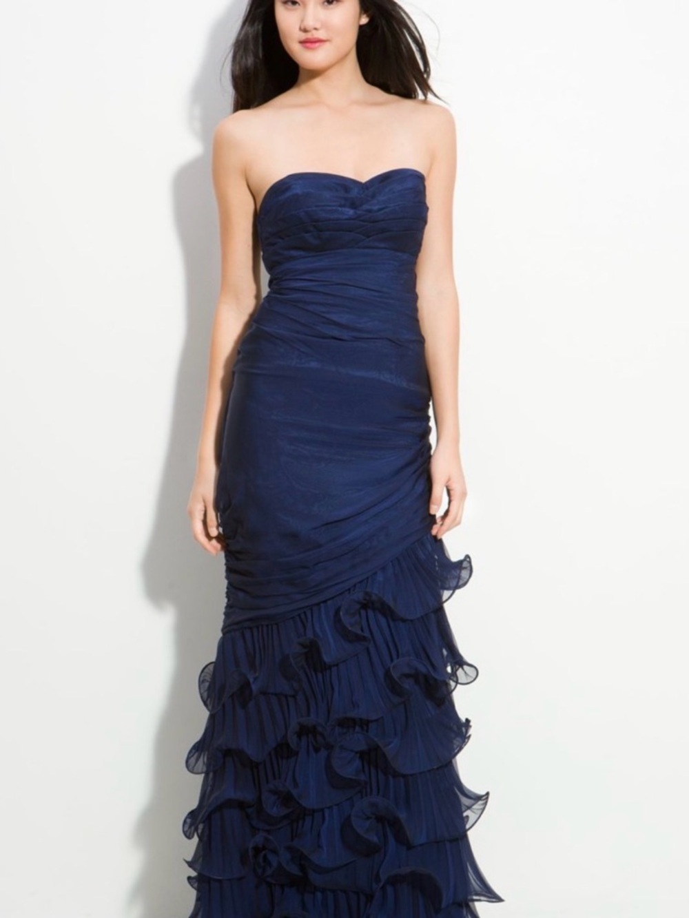 DALIA MACPHEE Strapless Navy Ruffle Column Dress